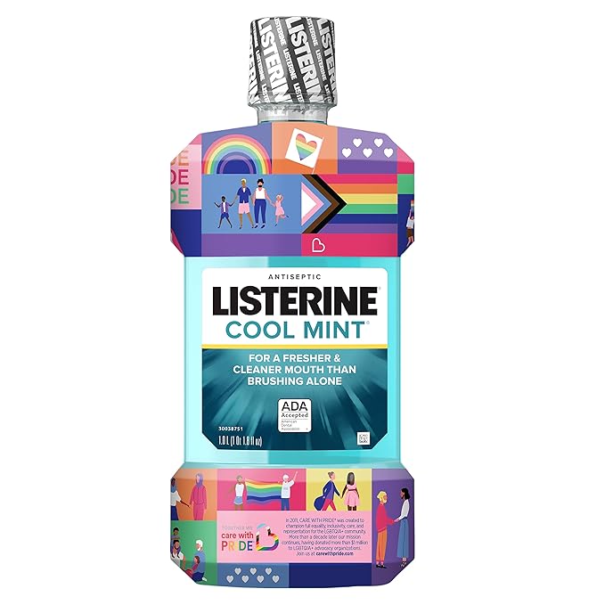 Listerine Cool Mint Antiseptic Mouthwash to Kill 99% of Germs That Cause Bad Breath, Plaque and Gingivitis, Cool Mint Flavor, Special Care with Pride Packaging, 1 L