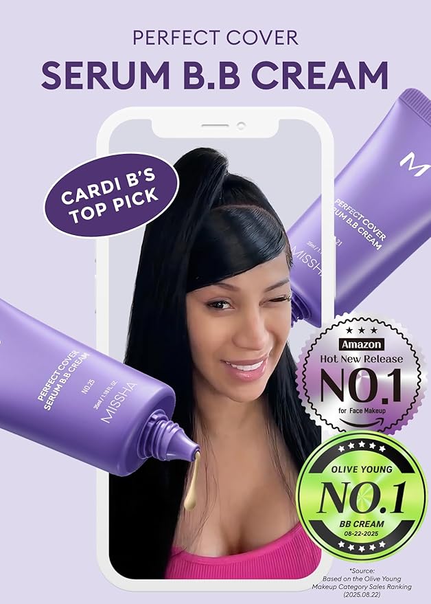 MISSHA M PERFECT COVER SERUM BB CREAM No.27 Honey Beige- Medium with Cool/Neutral Undertone, BB Cream by Cardi B Pick, Skin Tint, Tinted Moisturizer, Skin Care Foundation Makeup, 1.18 Fl oz