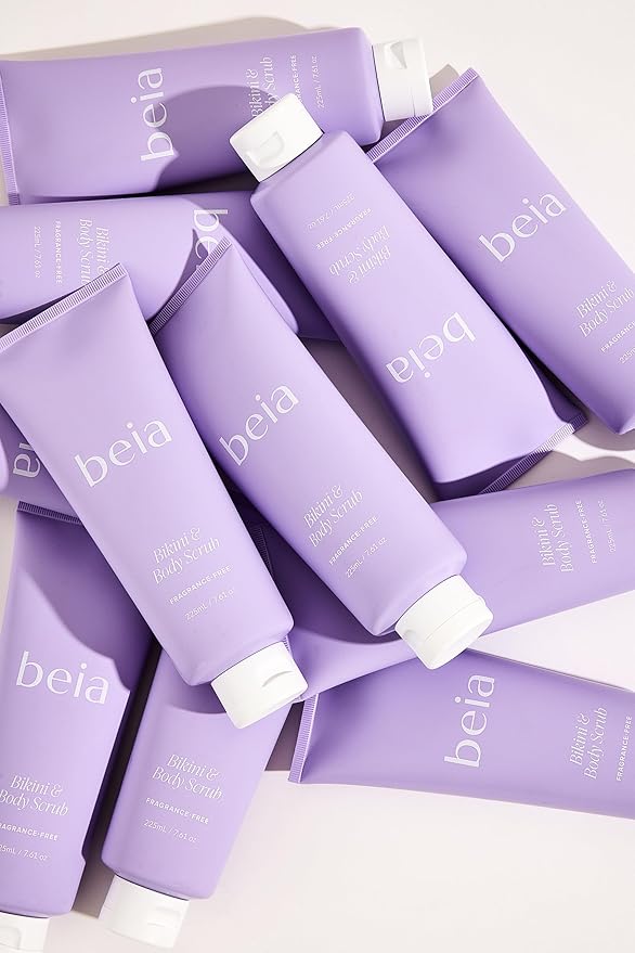 Beia Bikini & Body Scrub - Gentle Exfoliating Body Scrub with Glycolic Acid & Rice Extract - Fights Ingrown Hairs KP Bumps & Dry Skin - Hydrating & Soothing for Sensitive Skin 7.6 Oz