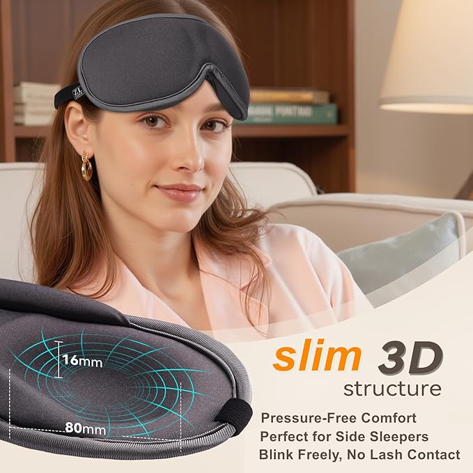 Slim 3D Sleep Mask for Side Sleepers, Blackout Sleeping Mask for Men, Women & Girls, Zero Eye Pressure, Ultra Soft Eye Masks for Sleeping, Perfect for Travel, Nap, Meditation, Airplane (Gray)