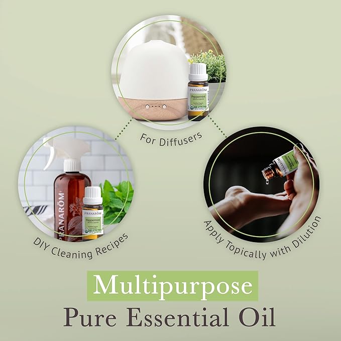 Pranarom USDA Certified Organic Peppermint Essential Oil (15ml), 100% Pure Undiluted Therapeutic Grade from India for Aromatherapy, Diffuser, Topical, Cooling, Massage & Relaxation