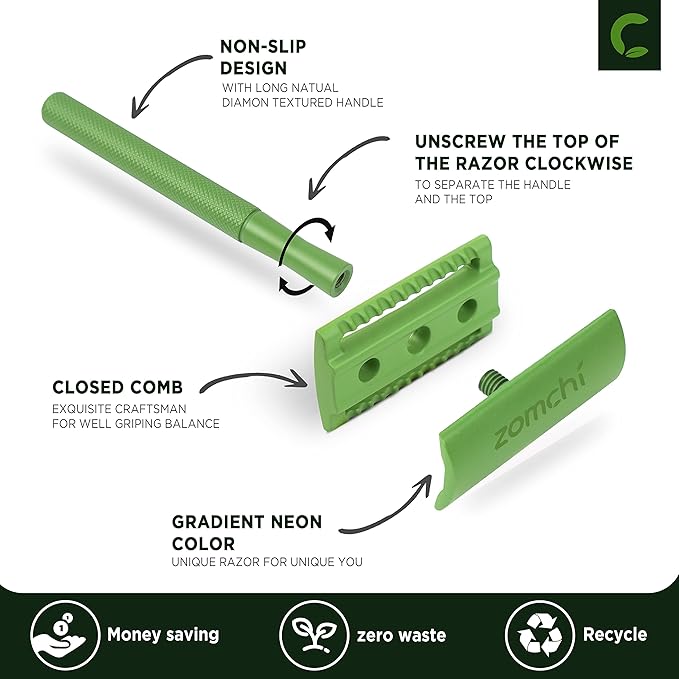 ZOMCHI Women Safety Razor With 5 Double Edge Blades, Metal Single Blade, Reusable & Plastic Free - Fern Green