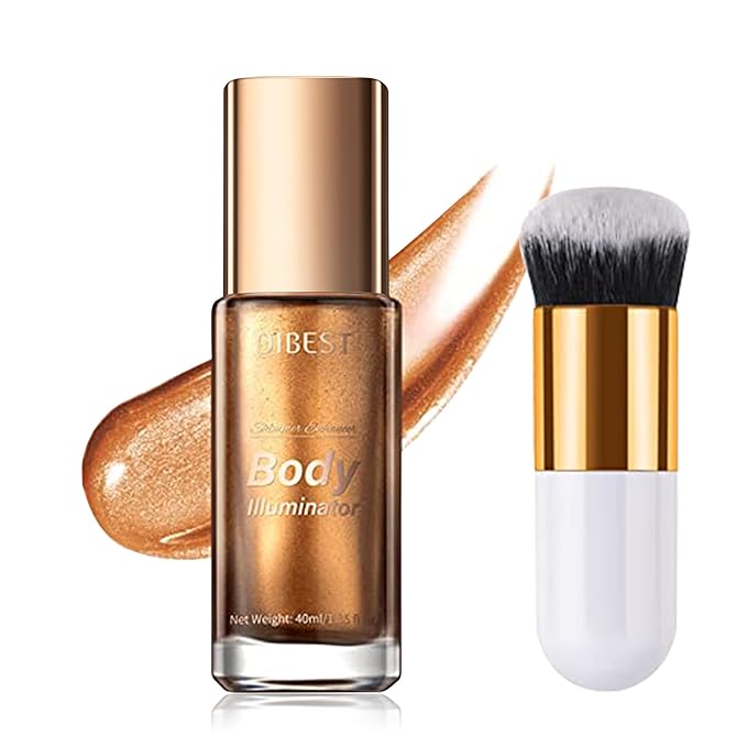 40ml Body Shimmer Oil,Liquid Body Illuminator, Waterproof Moisturizing And Glow For Face & Body, All-In-One Makeup Liquid Illuminator, Summer Body Luminizer,Makeup Brush Include (03#Bronze Gold)
