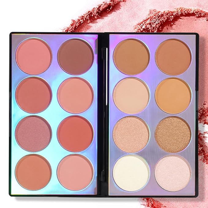 16 Colors Blush Contour Highlighter Makeup Palette with Brush, Shimmer Matte Mineral Face Blush Powder for Cheek, All in One Face Sculpting Bronzer Blusher Illuminator Concealer Palette