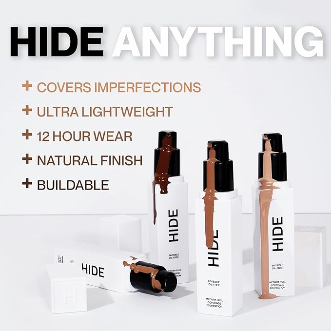 HIDE PREMIUM Liquid Foundation, Multi-Use Waterproof Foundation, Medium/Full Coverage Foundation, Shades for All Skin Types (See Shade Finder), Natural Beige, 1 fl oz