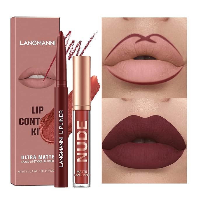 LANGMANNI 4pcs Matte Lipstick with Lipliners Durable Makeup Set,Long-Lasting Non-Stick Cup Not Fade Waterproof Pigmented Velvet Lipgloss Kit Beauty Cosmetics Makeup Gift for Girls(#9+10+11+12)