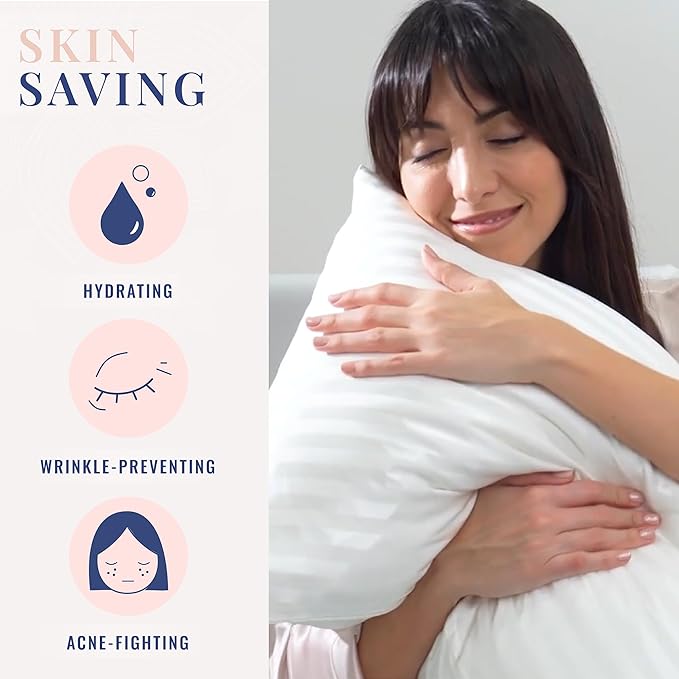 Blissy Silk Pillowcase - 100% Pure Mulberry Silk - 22 Momme 6A High-Grade Fibers - Silk Pillow Cover for Hair & Skin - Regular, Queen & King (White Striped, Standard)