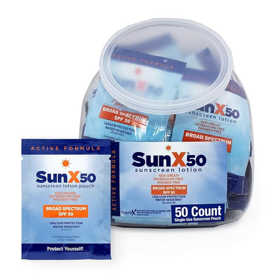 Sun X 50 SPF Individual Sunscreen Packets Travel Size - 50 Pack Fishbowl of Paraben, Oxybenzone, & White Cast Free Broad Spectrum SPF Sunscreen Packets - Water & Sweat Resistant For Up To 80 Minutes