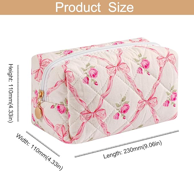 Makeup Bag Travel Cosmetic Bag for Women Girls, Zipper Make Up Pouch, Floral Flowers Toiletry Organizer Makeup, Portable Storage Bag, Cosmetic Travel Cloth Bag (2 Pack (L+S)/Pink Bowknot)