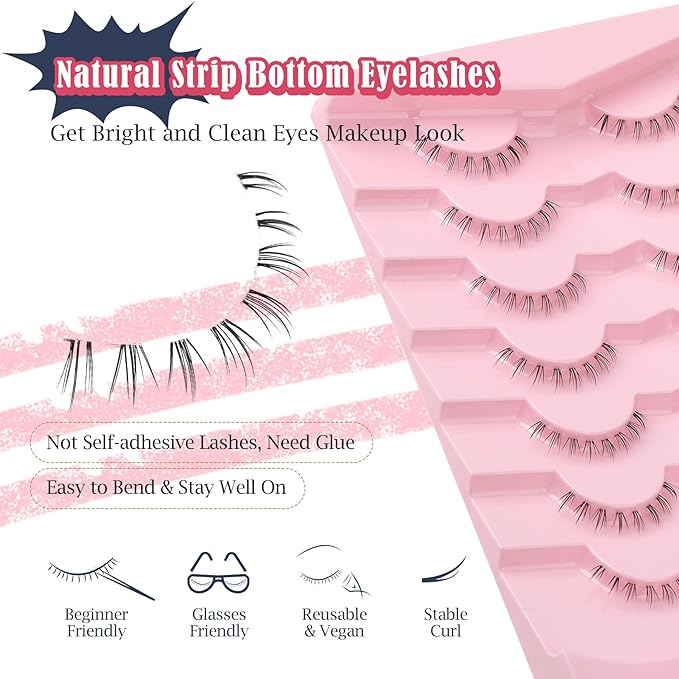 Lashes Natural Bottom Lashes 8mm Lower False Eyelashes Natural Look Strip Lashes Extention Wispy Bottom Eyelashes Fake Lashes Pack 7 Pairs