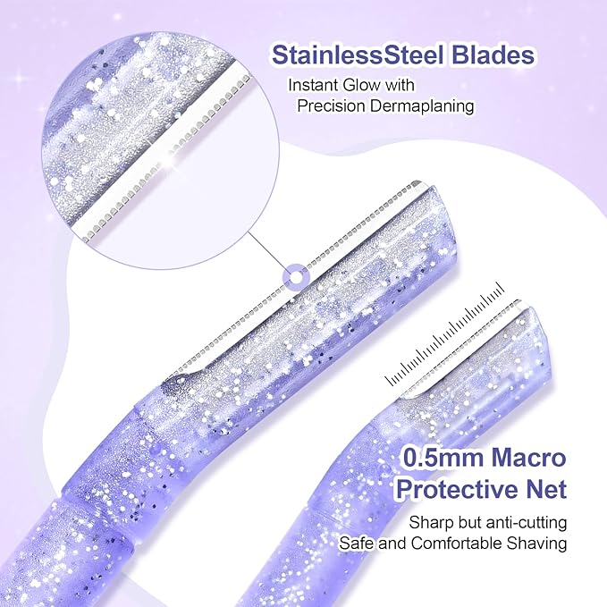 Women’s Dermaplane Razor for Face & Eyebrow - Anti-Cutting Japanese Blades for Eyebrow and Facial Hair Removal, Achieve Silky Skin and Perfect Brows (Purple, 3 Count)