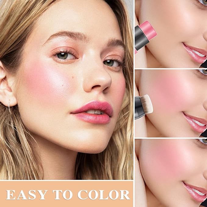 Waterproof Multi Cream Blush Stick with brush,Lightweight,Long-lasting,Easy To Tea Pink)