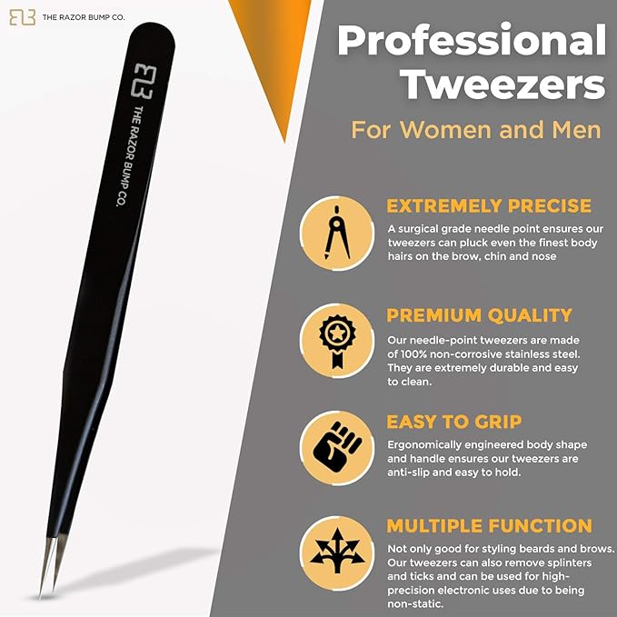 Tweezers For Ingrown Hair By The Razor Bump Co. | Sharp, Stainless Steel, Surgical | Professional Tweezers For Women and Men | Precision Splinter Remover | Best Facial Hair and Eyebrow Trimmer | Black