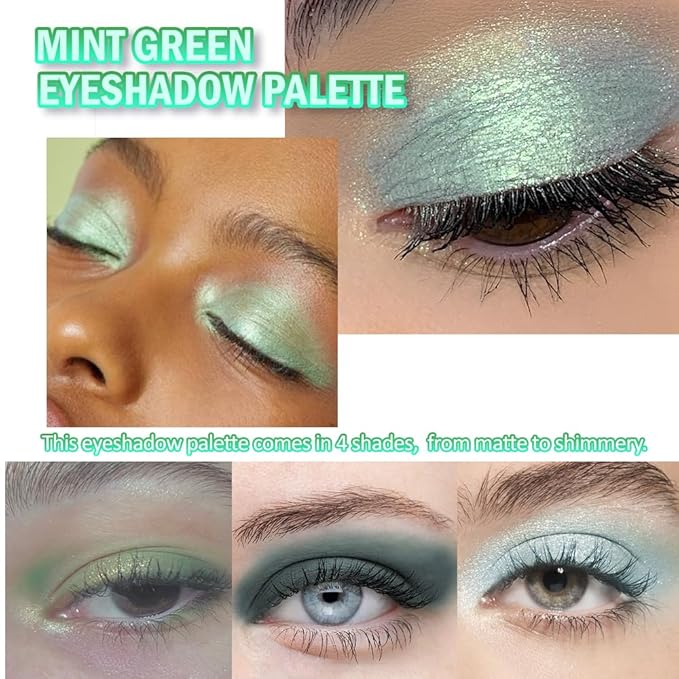 Matte Light Green Glitter Eye Shadow Makeup Palette 4 Colors, Highly Pigmented Mint And Seafoam Green Waterproof Eyeshadow Palette For Woman