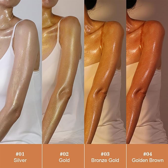 Shimmer Body Oil, Highlighter Makeup Smooth Glitter Glow Liquid Foundation for Face & Body,Liquid Illuminator Body Shimmer Lotion for Women (4# Golden Brown)