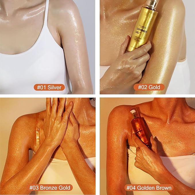 Shimmer Body Oil-Golden Brown Face Brighten Pearl Highlighter Liquid Illuminator Body Glow Oil,4 Color Bronze Makeup Glitter Body Shimmer Oil with Makeup Brush