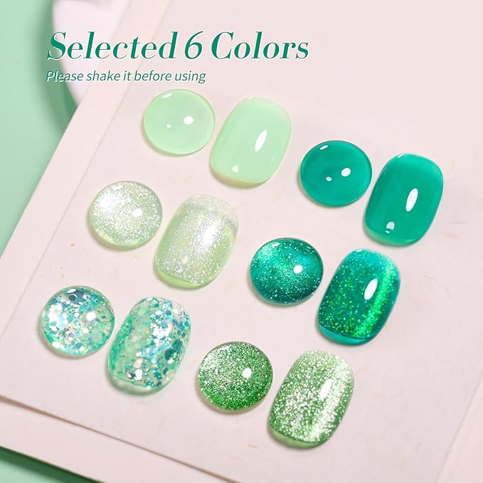 Born Pretty Gel Nail Polish Green Series,Jelly Transparent Gel Nail Polish, Cat Magnetic Eye,Shimmer Glitter Holographic Green Gel Polish Kit for Salon Manicure and Nail Art DIY at Home 6PCS 7ml