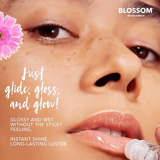 Blossom Roll on Lip Gloss, Scented Clear High Shine Moisturizing Lip Oil, Non Sticky, Infused with Real Flowers, Made in USA, 0.2oz, Peach Hemp
