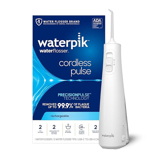 Waterpik Cordless Pulse Rechargeable Portable Water Flosser for Teeth, Gums, Braces Care and Travel with 2 Flossing Tips, Waterproof, ADA Accepted, WF-20 White, Packaging May Vary
