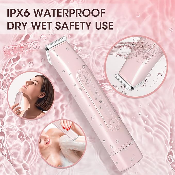 Lanumi 2 in 1 Electric Shaver Dual Head Bikini Trimmer Women IPX6 Wet Dry Pubic Hair Trimmer Rechargeable Body Facial Hair Remover for Face Lip Chin Underarm Legs (Pink)