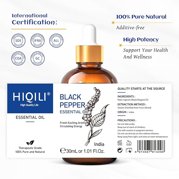 HIQILI 1 Fl Oz Black Pepper Essential Oil, 100% Pure Natural for Aromatherapy, Diffuser - 30 ML