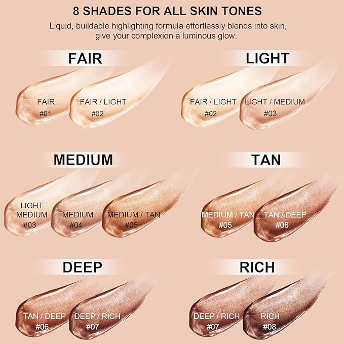 Natural Glow Liquid Filter Makeup, Longwear Face Luminizer, Complexion Booster For Any Part of the Body, Liquid Highlighter with Brush Kit, Infused Hyaluronic Acid, 1.06 fl oz (#04 MEDIUM)