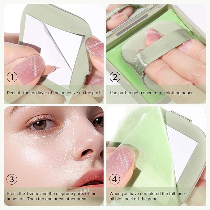 KYDA 200 Sheets Oil Blotting Paper with Mirror and Puff, Refills Included, Face Oil Absorbing Sheets, Oil Control Paper, Absorb Excess Oil, Makeup Friendly