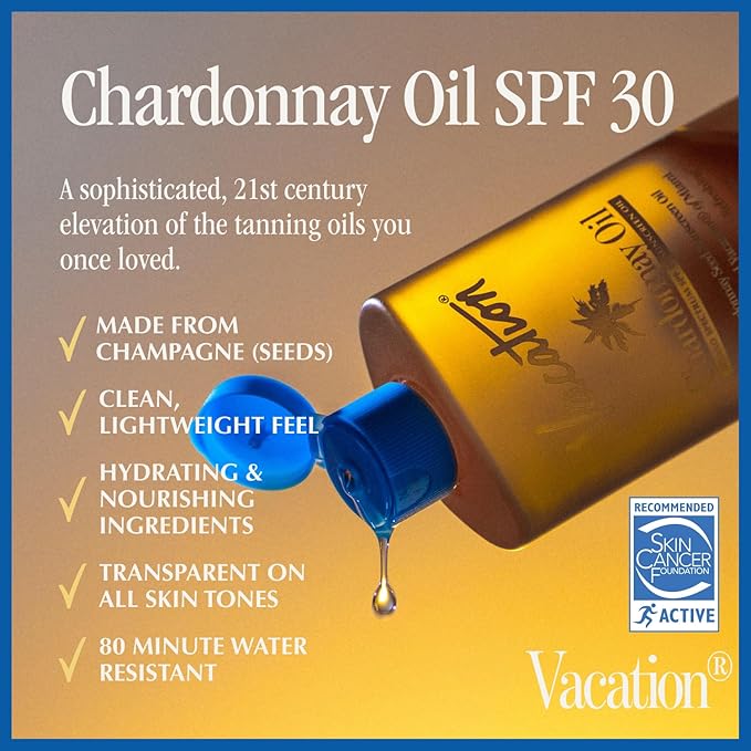 Vacation Chardonnay Oil SPF 30 + Air Freshener Bundle, Vegan Suntan Oil with Broad Spectrum SPF, Oxybenzone + Octinoxate Free Sunscreen Tanning Oil, TSA Friendly, Travel Size, 3.4 fl. Oz.