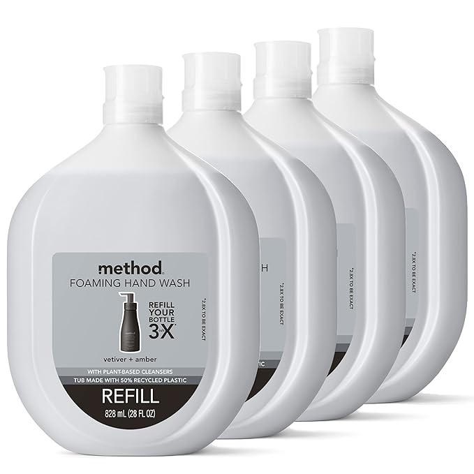 Method Premium Foaming Hand Wash Refill, Vetiver + Amber, Recyclable Bottles, Biodegradable Formula, 28 fl oz (Pack of 4) (Packaging May Vary)
