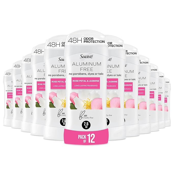Suave Aluminum Free Deodorant for Women, Rose Petal and Jasmine, 48-Hour Odor Protection, Free of Talc, Parabens & Dyes 2.6 oz (Pack of 12)