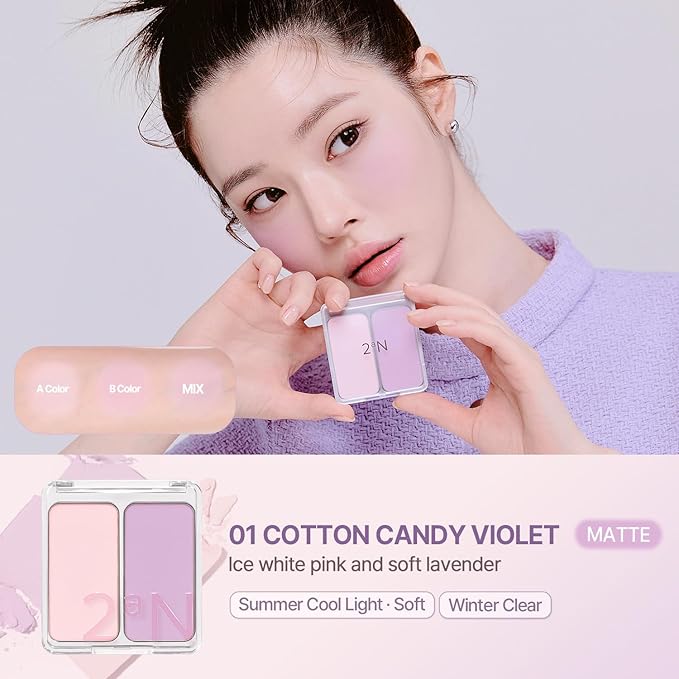 2aN Dual Color Face Blusher, Buildable & Blendable Cheek Color, Powder Blush, Korean Beauty (01 Cotton Candy Violet, 1.5 oz)