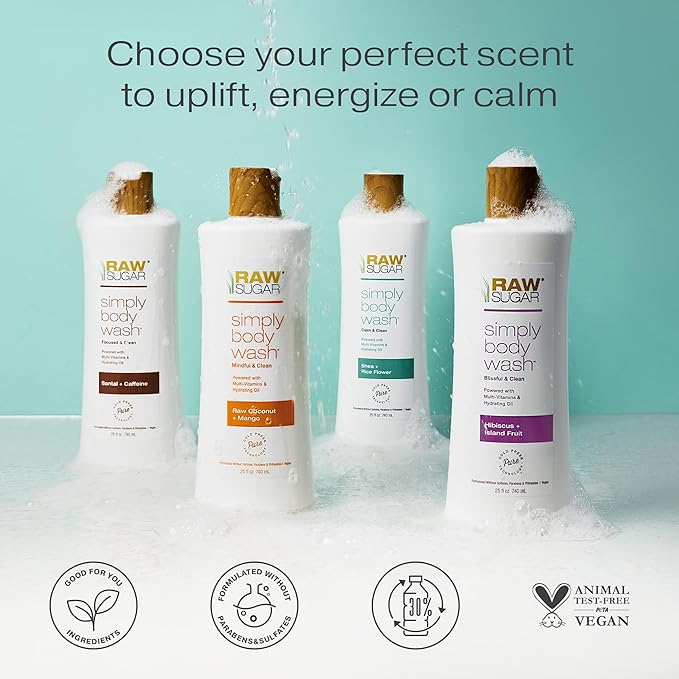 RAW SUGAR Simply Body Wash - Hibiscus + Island Fruit (25 Fl Oz, Pack of 1) Moisturizing & Soothing Bath & Shower Gel, Formulated without Sulfates & Parabens, Vegan