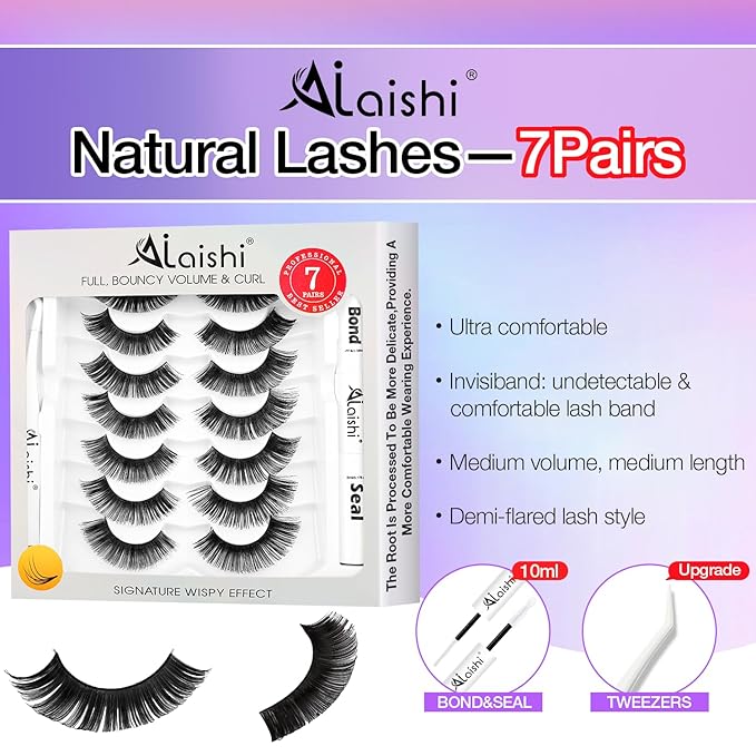 Fluffy False Eyelashes Kit With Bond, Seal and Tweezer, 7 Pairs Natural Look Fake Cat Eye Lashes Strips Thin Band Extensions Waterproof Easy Eyelashes for Beginners DF100