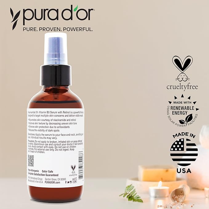 PURA D'OR 3.3 Oz B3 Niacinamide Advanced Facial Serum - Skin Care Formula with Retinol For Wrinkles, Hydration & Radiant Complexion - All Skin Types, Hypoallergenic - Women & Men