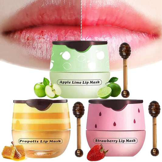 3PCS Lip Balm Honey Pot, Honey Pot Lip Balm for Dry Cracked Lips, Strawberry Lip Balm Scrubs Exfoliator & Moisturizer, Hydrating Lip Balm Honey Pot with Wand, Lip Sleeping Mask (3pcs)