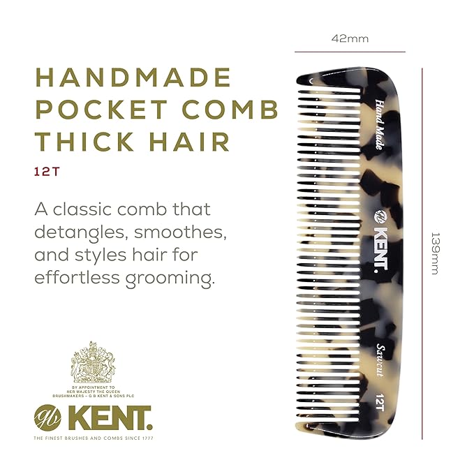 Kent 12T TW Wide Tooth Detangling Comb - Handmade Pocket Comb for Thick, Curly, and Wavy Hair, Grooming Beard and Mustache