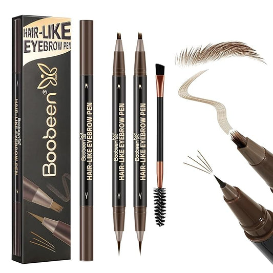 Boobeen 2pcs Waterproof Eyebrow Pen，Dual-Ended Eyeliner Microblading Eyebrow Pencil for Women，Long Lasting Hair-Like Brow Pen with Brow Brush，Dark Brown