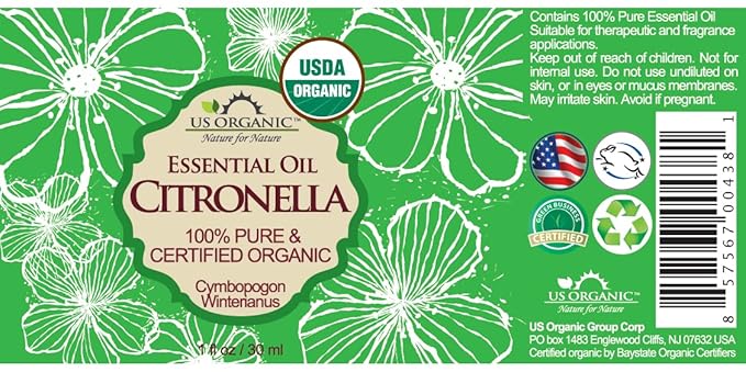 US Organic Citronella Essential Oil, USDA Certified, 100% Pure, 30 ml Pack of 2, Improved caps and droppers – Used for Skin Care, Many DIY Projects Like Candle Making and Much More