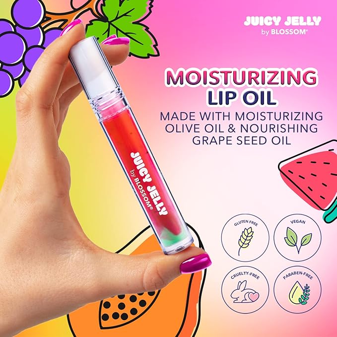 Blossom Juicy Jelly Moisturizing Lip Care Fruit Flavored Nourishing Lip Oil with Doe Foot Wand Applicator, 0.45fl oz, 5 Pack Bundle