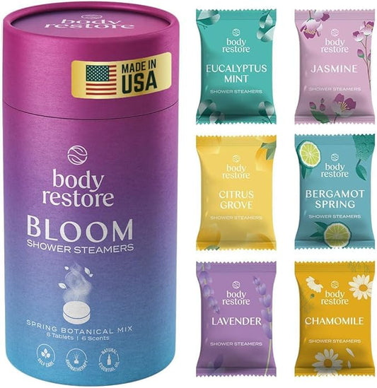 Body Restore Shower Steamers Aromatherapy 6 Pack - Boo Basket Stuffers for Women, Christmas Stocking Stuffers, Birthday Gifts, White Elephant, Relaxation, Self Care, Spa Shower Bombs - Bloom