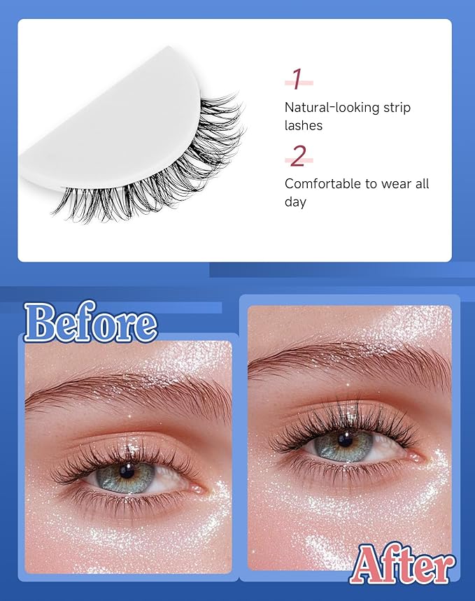 Clear Band Lashes Short Everyday Wispy False Eyelashes Natural Look Flared Strip Eyelash Small Lash Soft Fluffy Pack 7 Pairs SF-06