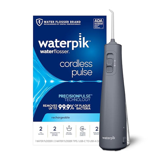 Waterpik Cordless Pulse Rechargeable Portable Water Flosser for Teeth, Gums, Braces Care and Travel with 2 Flossing Tips, Waterproof, ADA Accepted, WF-20 Gray, Packaging May Vary
