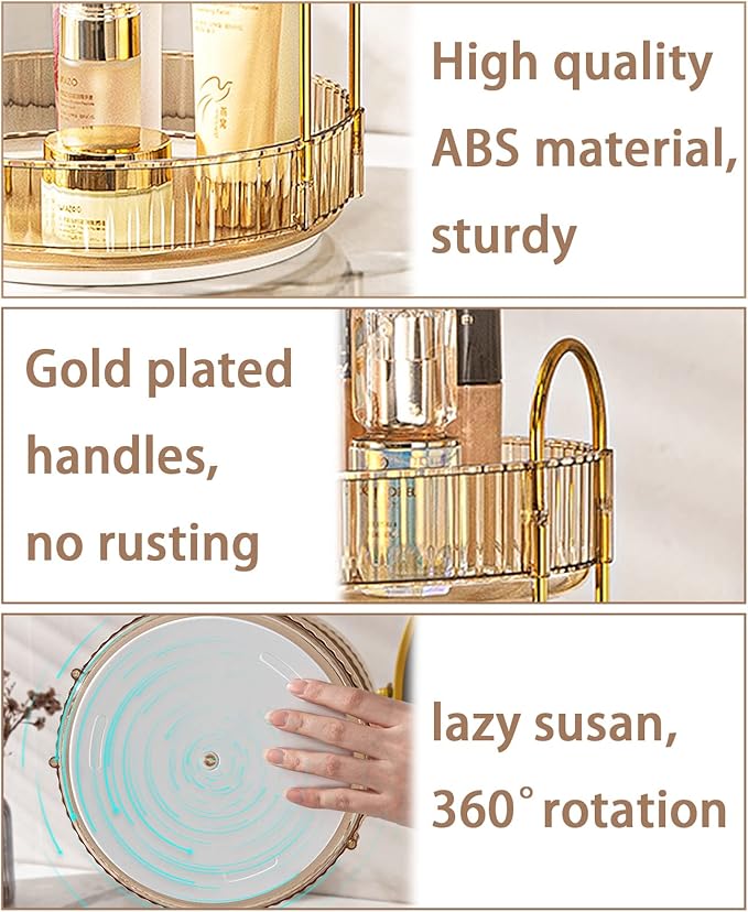 Rotating Makeup Organizer for Vanity, High-Capacity Skincare Clear Make Up Storage Perfume Organizers Cosmetic Dresser Organizer Countertop 360 Spinning (Gold, 2 Tier)