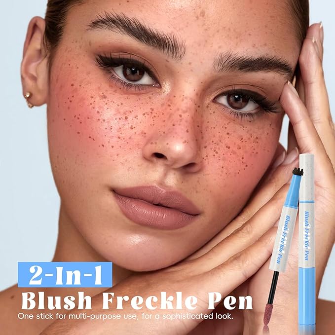 Freckle Blush Pen, 2in1 Dark Brown Faux Freckle Stamp Pen Coral Orange Liquid Blush for Natural Summer Sunkissed Makeup, Lifelike Waterproof Long Lasting Quick Dry Fake Frecks Tint Marker02#