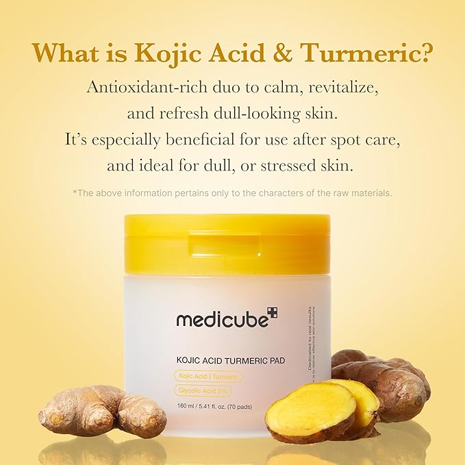 medicube Kojic Acid Turmeric Clarifying Toner Pad for Troubled Skin & Use After Spot Care | Soothing & Calming with Kojic Acid, Turmeric, Niacinamide, and Glycolic Acid | Korean Skin Care, 70 Pads