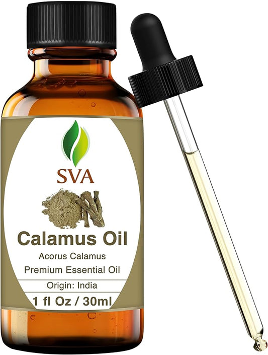 SVA Calamus Essential Oil – 1 Fl Oz – 100% Natural Calamus Oil - for Diffuser, Hair Care, Face, Skin Care, Aromatherapy, Scalp and Body Massage, Soap and Candle Making – with Dropper