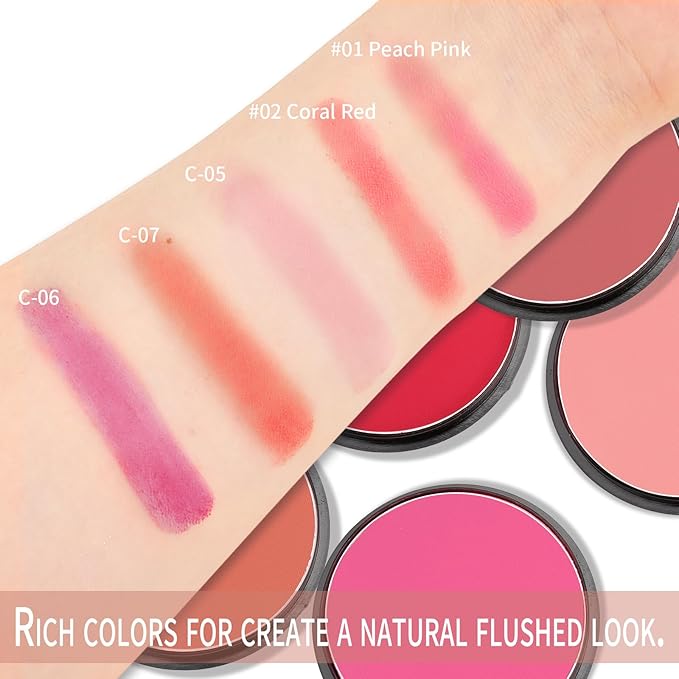 Boobeen Powder Blush Matte Blush, Highly Pigmented Beauty Cream Blush Palette for Create A Natural Cheek Flushed Look, Rich Colors (C-07)