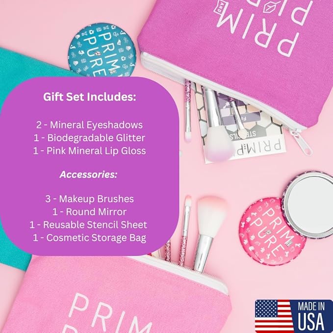 Prim and Pure Kids Makeup Gift Set - Stencil, Makeup Eyeshadow Bioglitter Lip Gloss and Cosmetic Bag Mirror Makeup Brush Accessories (Fairy Purple)