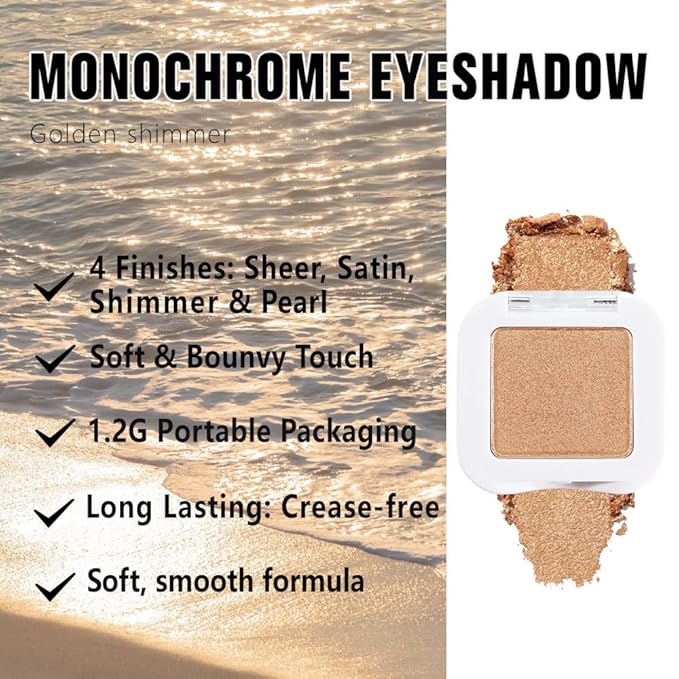 Kaely Pressed Single Eyeshadow Makeup, Golden Shimmer Highly Pigmented Monochrome Eye Shadow Palette, Waterproof Neutral Powde Mini Eyeshadow, sombras para ojos, Lightweight Blendable, 06