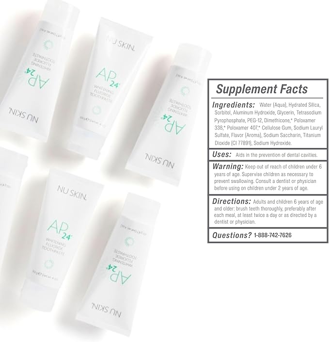 Nu Skin AP 24 Whitening Fluoride - Free Toothpaste | AP 24 Blend | Vanilla Mint Flavor | Brightens Teeth | Removes Surface Stains | Prevents Dental Cavities & Plaque | Enamel-Safe | 4 oz | 1 Pack